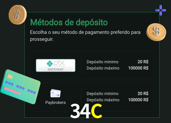 O cassino 34C oferece uma grande variedade de métodos de pagamento